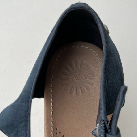 Ugg Atasha Striped Espadrille Wedge Sandals Nubuck Leather Size 10 Blue Nautical - Picture 8 of 13